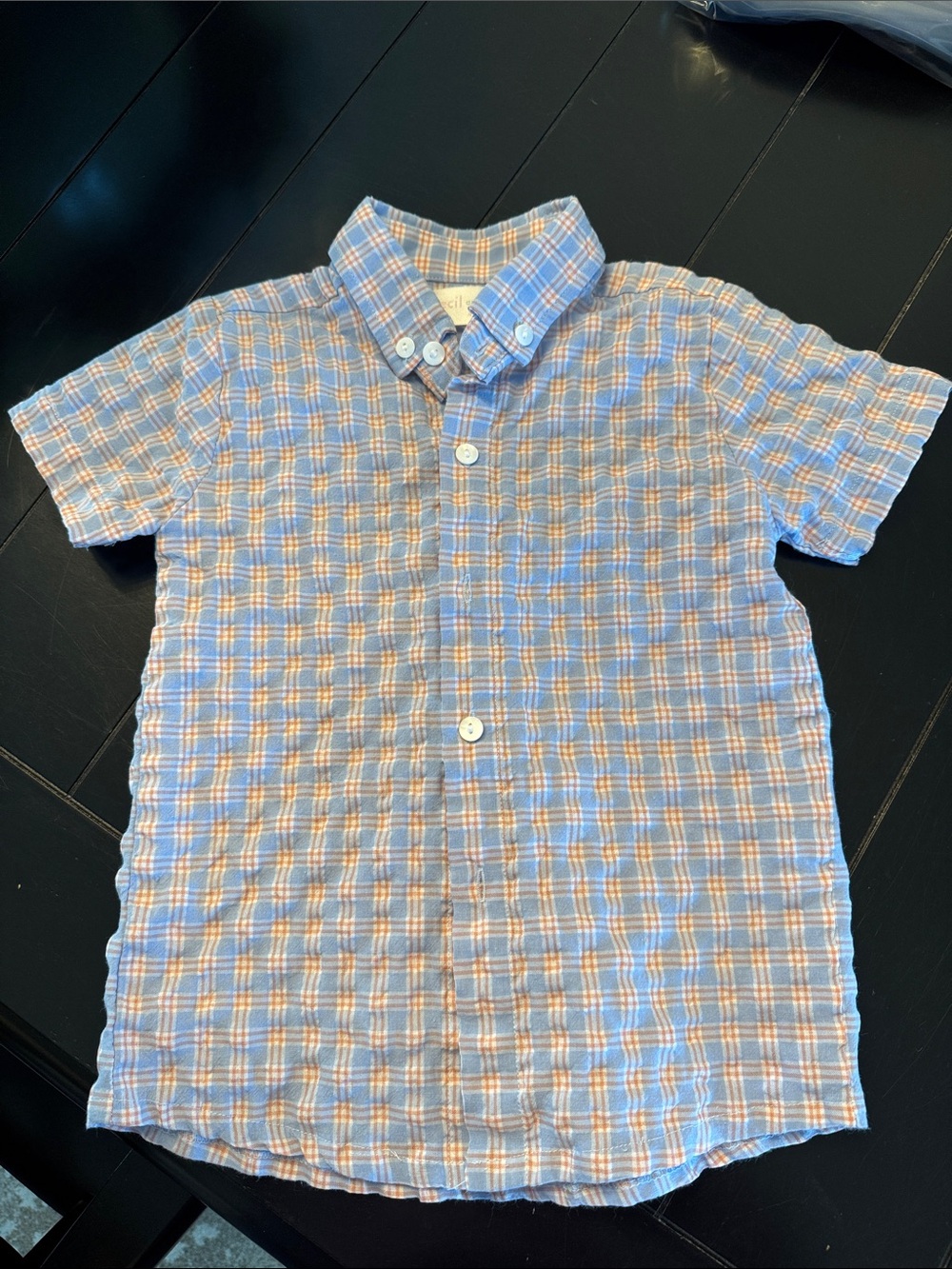 Boys' Blue and Peach Plaid Short-Sleeve Button-Down Shirt